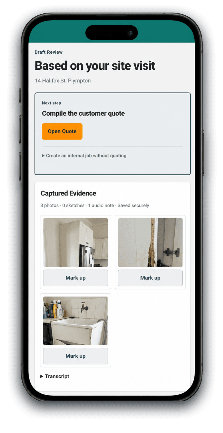 Draft Review showing Based on your site visit, captured evidence and the next step to open a quote