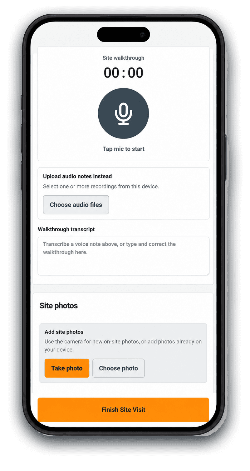 Site Visit capture with walkthrough audio, transcript, photos and Finish Site Visit